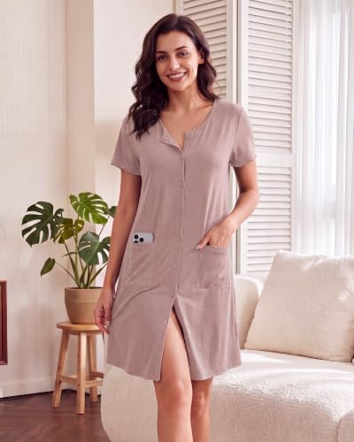 Image of ZOOSIXX Nightgowns for Women - Short Sleeve Sleepwear Button Up Pajamas for Women V-Neck Sleepwear Dress with Pockets