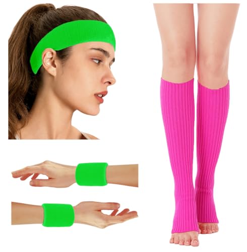 Image of v28 Neon Leg Warmers Set for women Headband Sweatbands Wristbands 80s 90s Pink Running Fanny 80's Plus Size Costumes Pack