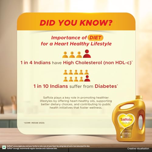 Image of Saffola Gold Refined Cooking oil | Power of 3 - Balance of Good Fats, Triple Anti-Oxidant System & Fortified with Vitamins | Multi-Source Edible Rice Bran & Sunflower Oil | 2 Litre Jar /1.82 Litre jar [weight may vary]