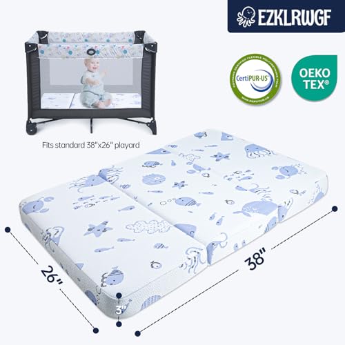 EZKLRWGF 38”x26” Trifold Pack and Play Mattress,Dual Sided Soft & Firm Memory Foam Pack N Play Mattresses,Breathable Mattress for Pack N Play with Washable Cover - Thumbnail 2