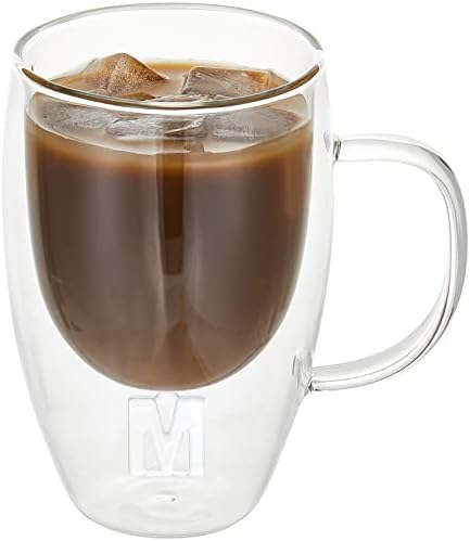P&Y Double Wall Glass Coffee Mugs - Initial Letter M Clear Coffee Mug with Handle, 12 OZ Espresso Cups for Cappuccino Latte Demitasse Tea Beverage, 350 ML Double Insulated Coffee Mugs (M, 1 Pack)
