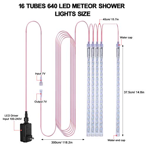 Image of MAOYUE Meteor Shower Lights, 16 Tubes 640 LED Icicle Lights Outdoor Christmas Decorations Lights Waterproof Cascading Lights for Holiday Decorations, Tree, Eaves, Roof, Yard, Garden, Party, Cold White