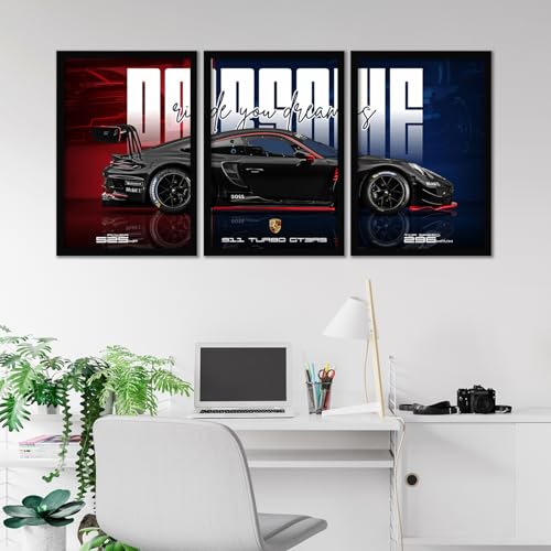 Image of ARTELLY Big Porsche 911 GT3rs Sports Car Framed Wall Posters, Set of 3, Premium Framed Painting, Living Room Bedroom Decoration, Large Size Gift Item for Boys Room Decor (Porsche 4, 13x19 inch)