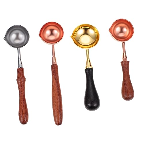 UTHCLO 4個火漆用スプーン 木製ハンドル付き 融解用銅製スプーン 結婚式やパーティー招待状になスタンプツール 深型デザインで十なワックス溶け スペースを取らない収納可能