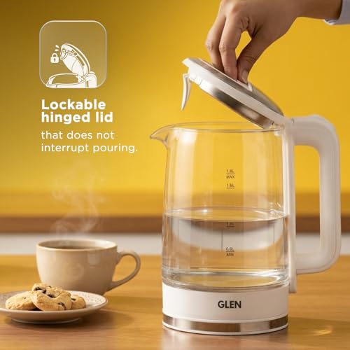 Image of Glen Electric Glass Tea Kettle 1.8 Litre, 1500W Fast Boiling Electric Kettle with 360 Rotational Base, Auto Shut-Off, Boil Dry Protection, Blue LED Light, Cordless Design, White (SA-9001)