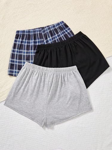 Image of WDIRARA Women's 3 Pack Plaid Letter Graphic Pajama Shorts Lounge Shorts | Elastic Waist ,Comfortable,Home Living,Sleepwear