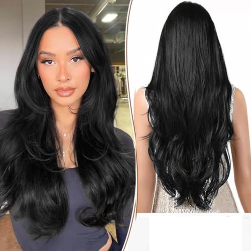 Image of Artifice 6 Pcs 16 Clips Based 24 inch Multi Layered Women Long Curly Wavy Synthetic Hair Full Head Clip in Hair Extensions Pieces NATURAL BLACK