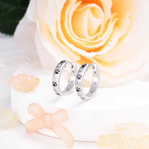 Paw Print Earrings for Women Sterling Silver Cute Pet Puppy Cat Dog Paw Print Hoop Earrings Hypoallergenic Cubic Zirconia Dainty Loop Jewelry Gifts4