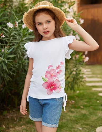 Image of Arshiner Girls T Shirts Ruffle Short Sleeve Ruched Knot Side Tunic Blouse Summer Tee Tops