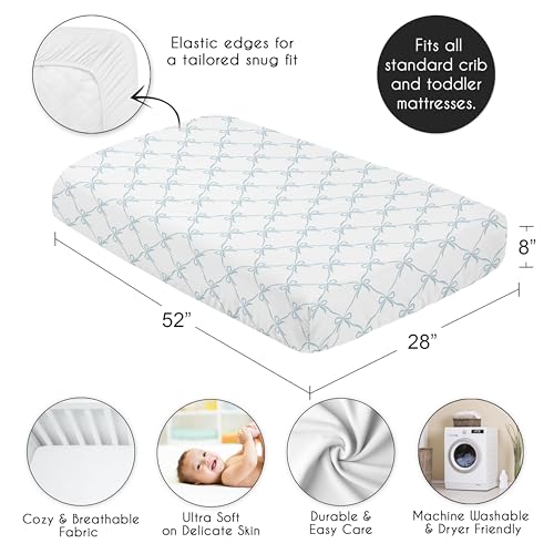Image of Sweet Jojo Designs Fitted Baby Crib Sheets (Blue Bows) for Girls, Infant Nursery, Toddler Room - Standard Size (Tiffany and White Bow for The Ballerina Ballet Collection, Vintage Coquette Aesthetic)