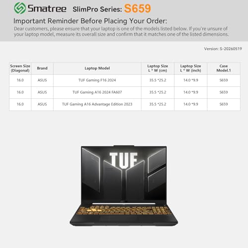 Image of Smatree SlimPro Laptop Case for 16 inch ASUS TUF F16 2024 /A16 2024 FA607 | Compatible for ASUS TUF Gaming F16 2024 /A16 2024 FA607 /A16 Advantage Edition 2023, Case with Accessory Pocket (S659)