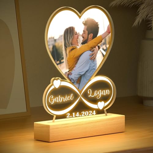 Image of SNAPTRAP Personalized Heart Infinity LED Photo Lamp with Wooden Base | Warm White Light | Customized Photo with Name Gift for Couples, Wife, Husband | Anniversary, Wedding & Valentine Gift