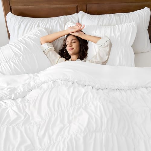 Image of Andency Ruched White Full Size Comforter Sets, Shabby Chic Pleatd Bedding Sets 3 Pieces, Lightweight Soft Boho Ruffle Bed Set for Girls, Kids, Women, All Season