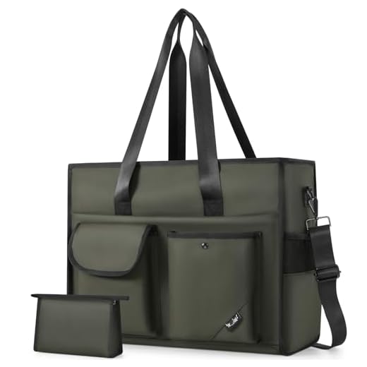 Rinlist Tote Bag, Work Bags for Women with 15 Pockets, Large Tote Bag with Zipper for Teacher Nurse, Laptop Handbags for Women, Carry on Bag, Dark Green