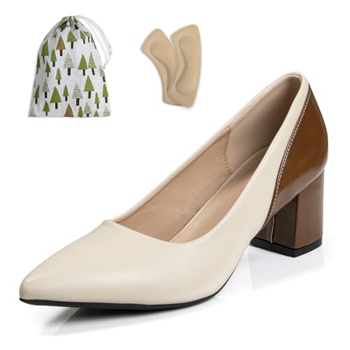 Pointy Closed Toe Block Heels for Women Dress Shoes 2 Inch Low Heel Womens Black Beige Brown Splicing Chunky Pumps Comfortable Wedding Party Heels