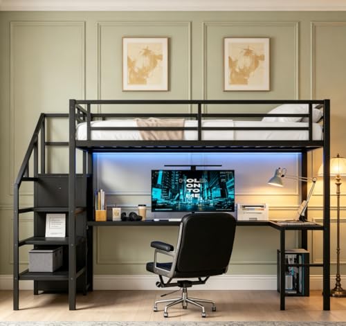 Image of Bellemave Full Size Loft Bed with Desk and Wardrobe Storage Stairs and Wardrobe, LED USB, Loft Bed Full Size for Teens Metal, Black