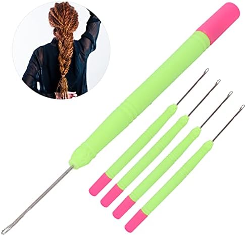 Generic Crochet Hook Needle for Braiding Hair Extensions Comfortable Grip Easy to Use 5pcs (Green Handle and Rose red Tail) - 4