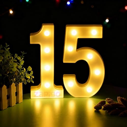 Image of Balloonistics LED Marquee Number 15 Light - Cordless Battery-Operated 8.66-Inch Warm Glow Number Sign for 15th Birthday, Anniversary, Wedding, Party Decoration, Photo Booth Backdrop, Cake Table Decor