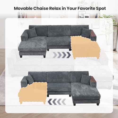 Image of 114.5 inch Corduroy Sectional Sofa with Armrest Storage & Reversible Chaise, Comfy L Shaped Sofa 4 Seat Sectional Couch, Modern Upholstery Couch with Removable Covers, for Living Room, Apartment, Gray