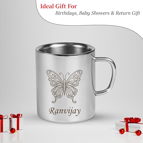 Image of SAVRI Personalized Stainless Steel Mug for Kids with Customized Name Engraved & Cartoon Design | 220 ml Double Wall Insulated Mug for School, Milk, Juice & Water (Butterfly)