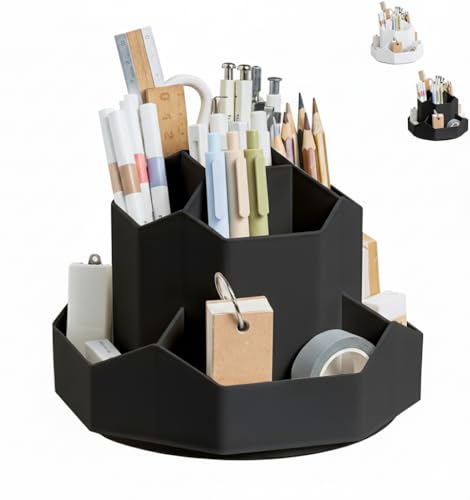 Image of Rotating Desk Organizer Pen Pencil Holder with 9 Slot 360 Desktop Organizer for Office Supplies Stationery Staplers Clips Sticky Notes Remote Mobile Holder Visiting Card (Black)