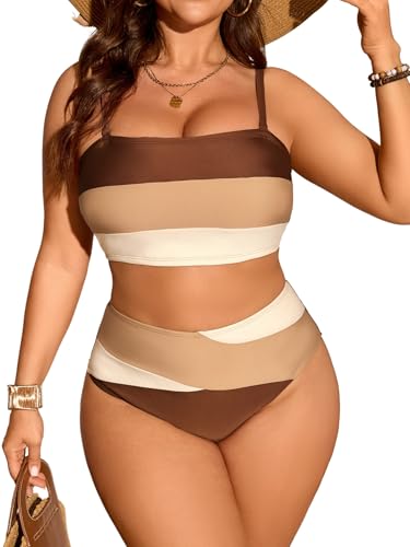 Verdusa Women's 2 Piece Plus Size High Waisted Bikini Sets Patchwork Full Coverage Bahting Suits
