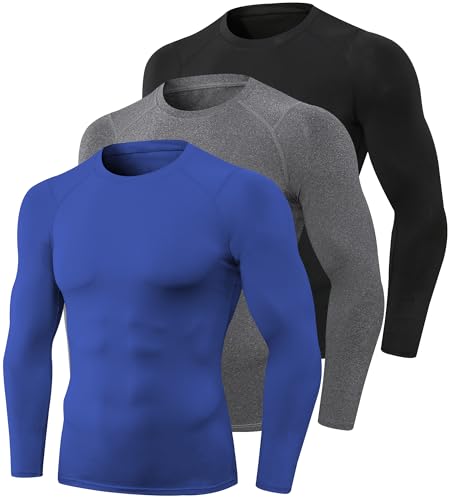 SPVISE 3 Pack Men's Compression Shirts Long Sleeve Athletic Muscle Support Workout Tops for Football Undershirt Base Layer