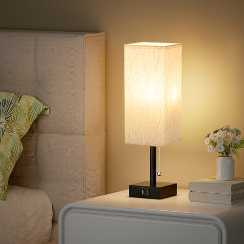 Image of aooshine Pull Chain Small Table Lamp - 3 Color Temperature Bedside Lamp for Bedroom with USB Port, Minimalist Nightstand Lamp with Black Base, Desk Lamp for Kids Room Dorm, Bulb Included | Pull Chain Switch, LED Bulb Included, Cream Fabric Shade, 14.7 inch Small Table Lamp for Nightstand, Desk, Dorm, Office