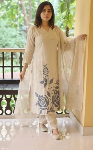 Image of ANNI Designer Women Poly Cotton Straight Printed Kurti Pant Dupatta Set | Ethnic Wear | V Neck | 3 /4 Regular Sleeves | Casual Office Festive Outfit