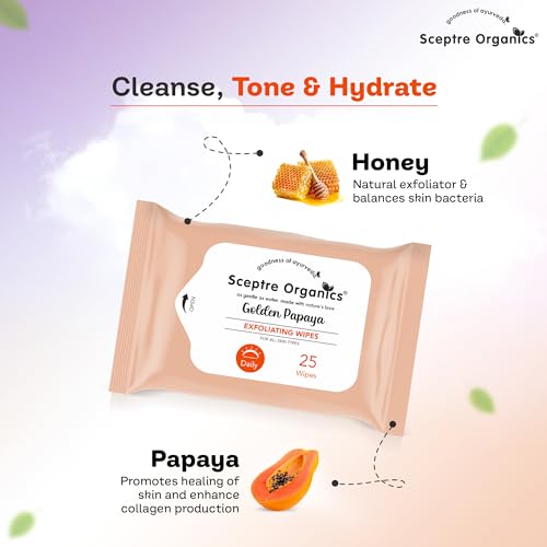 Image of Sceptre Organics Golden Papaya Exfoliating Facial Wipes | Gentle Exfoliation With Honey | Removes Dirt,Oil & Makeup | Alcohol-Free, Travel-Friendly | Pack of 3 (75 Wipes)