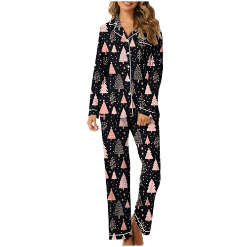 Christmas Printed Pajamas for Women Fashion Long Sleeve Lapel Shirts Pants Pajama Sets Casual Home Button Sleepwear