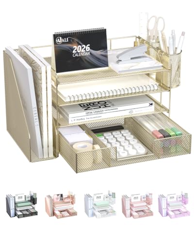 Image of WALI Desk File Organizer, 4 Tier Desktop Paper Letter Tray Organizer with Drawer and 2 Pen Holders, Office Desk Accessories & Workspace Organizers for Office, Home, School Supplies, 1 Pack, Gold