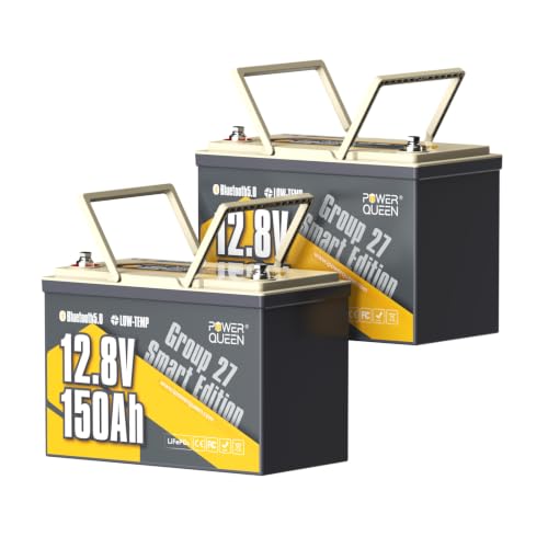 Image of Power Queen 12V 150Ah LiFePO4 Lithium Battery Bluetooth for Marine, RVs | Group 27,150A BMS, Up to 15000 Cycles, IP65 Waterproof, Low Temp Protection, 1920Wh for Trolling Motor, RV Motorhome, Solar
