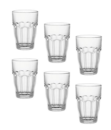 Bormioli Rocco Rock Bar Stackable Beverage, Set Of 6 Dishwasher Safe Drinking Glasses For Soda, Juice, Milk, Coke, Beer, Spirits – 12.5oz Durable Tempered Glass Water Tumblers For Daily Use