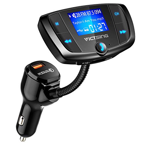 VicTsing (Upgraded Version) Bluetooth FM Transmitter, Wireles Audio Adapter Hands-Free Car Kit with 1.7 Inch Display, QC3.0 and Power On/Off Switch, Dual USB Ports, U Disk, TF Card MP3 Player