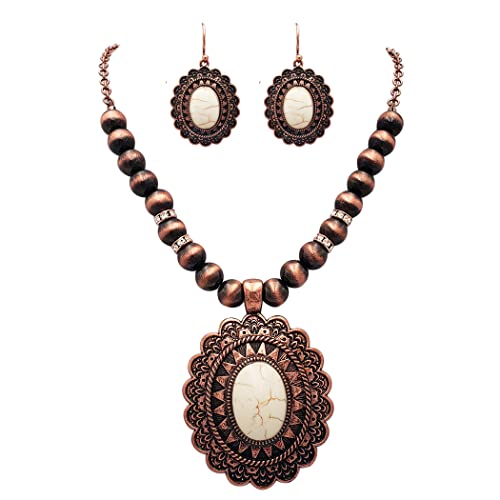 Rosemarie & Jubalee Women’s Cowgirl Chic Western Style Statement Concho Howlite Stone Pendant Necklace Earrings Set, 18