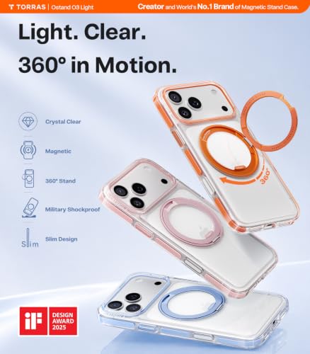 Image of TORRAS 360 Magnetic Stand for iPhone 17 Pro Case, Ultra Clear, Haze Blue | Fit for MagSafe, 4X Military-Grade Protection, Anti-Yellow, Camera Button, Slim Non-Slip, For Women 6.3 inch, O3 Light Series
