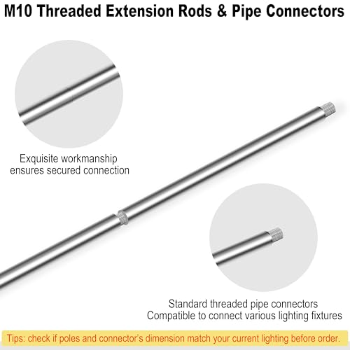Image of M10 Threaded Extension Poles, 5 PCS 12-inch & 10 PCS 6-inch Lighting Fixture Downrods Stems & 180 Degrees Sloped Ceiling Adapter Kits for Pendant Light, Island Lighting, Chandeliers (Chrome)