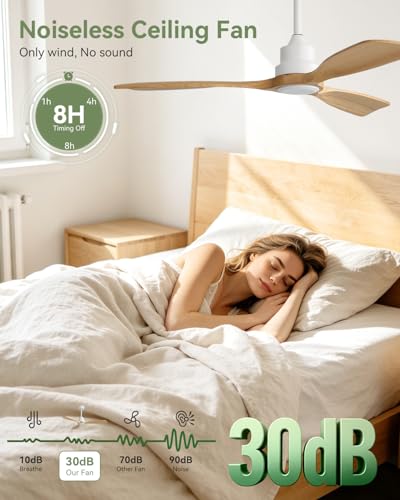 Image of Sofucor 48 Inch Wood Ceiling Fan No Light with Remote, Modern, 3 Blades | Ceiling Fan without Light, Quiet Reversible DC Motor, 6 Speed, Indoor /Covered Outdoor /Bedroom /Living Room /Patio, Natural Wood