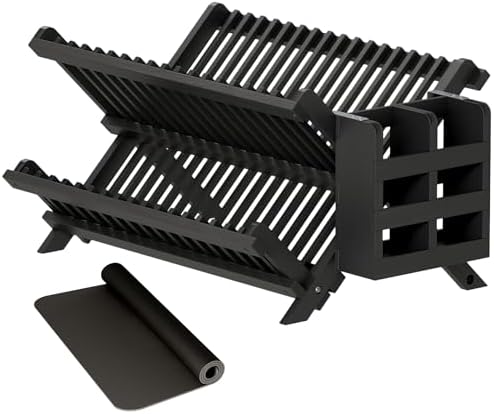 Greenual Black Bamboo Dish Drying Rack with Utensil Holder, 2 Tie...