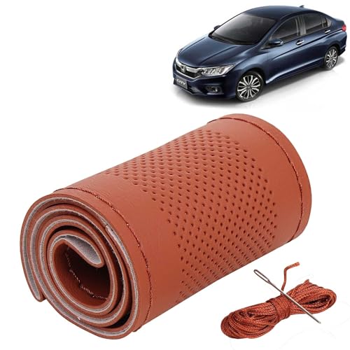 Image of KINGSWAY PU Leatherite Car Steering Cover Sewable Compatible with Honda City (Year 2017-2019), Tan Color with Tan Thread, Pack of 1 with Sewing Needle and Thread