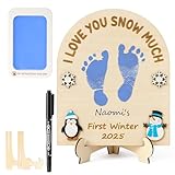 R HORSE DIY Winter Footprint or Handprint Art Sign with Ink Pad, 3D Snowman Newborn Wooden Milestone with Marker Pen, Baby’s 1st Winter Footprint Keepsake Craft Gift Baby Shower Nursery Decor Prop