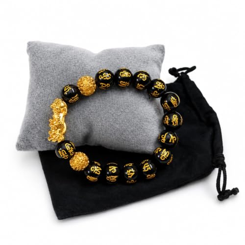 Buddha & Karma Feng Shui Pi Xiu/Pi Yao Black Obsidian Bracelet Lucky Charm for Wealth Protection & Success Energy Healing Jewelry for Men & Women