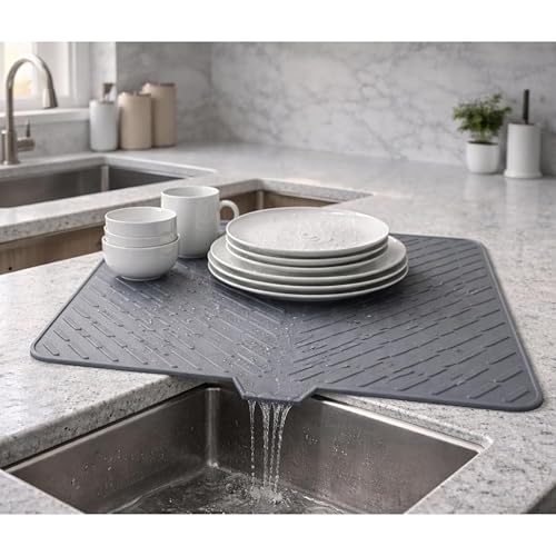 Image of Extra Large Silicone Dish Drying Mat for Kitchen Countertop (58 x 43 cm) | Built-in Drain Lip Water Draining Utensil Mat | Heat-Resistant, Anti-Slip Sink & Counter Protection Mat