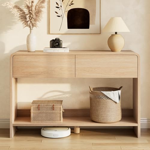 Image of AMERLIFE 45 inch Modern Console Table with 2 Storage Drawers and Open Shelf, Wooden Entryway Table with Curved Edges, Sofa Table Behind Couch for Hallway, Foyer, Entrance, Living Room, Natural Oak