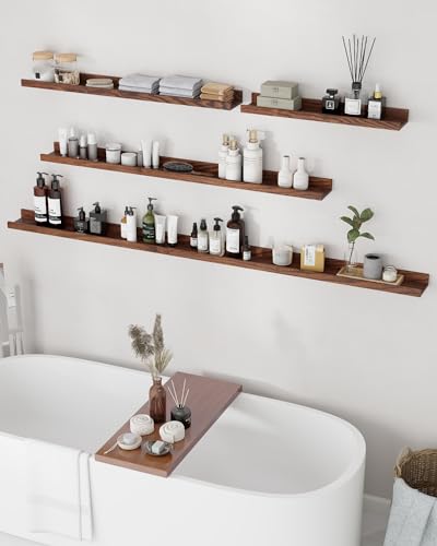 Axeman Oak Picture Ledge Shelf, 36 Inch Floating Shelves Set of 2, Solid Oak Wood Wall Shelves with Lip, Wall Decor Storage for Bedroom Living Room Bathroom Kitchen Nursery Photo Picture, Walnut