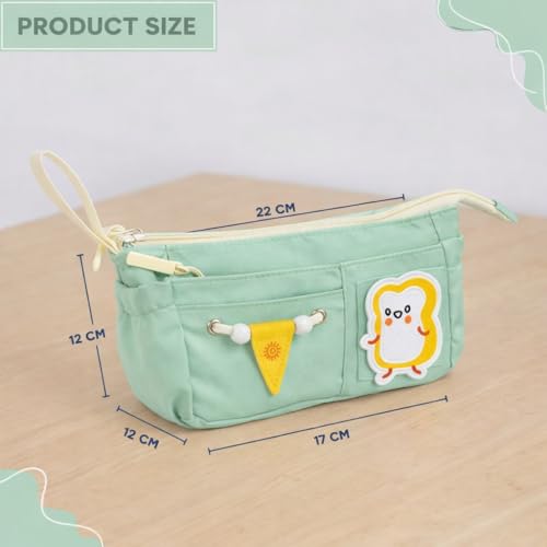 Image of Canvas School Bag Pencil Case, 3 Layer 6 Compartment Large Capacity, Aesthetic Pencil Pouch for Stationary, Cute Stationery for Kids, Pencil Case for Girls & Boys (Pista)