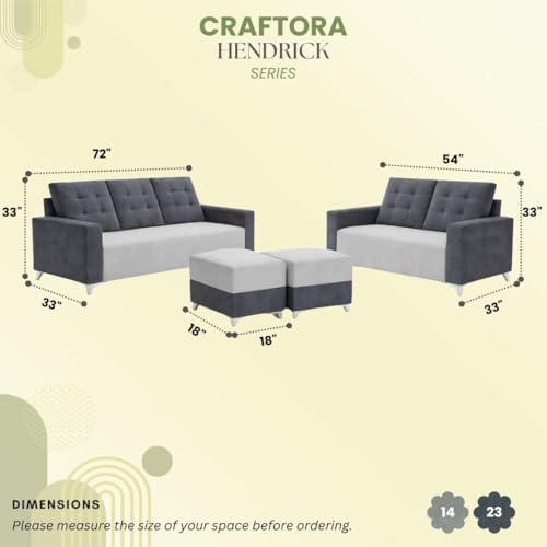 Image of Hakuna Dual Tone Plush Velvet 3 Seater + 2 Seater Sofa Set with 2 Ottoman | Silken Velvet Suede Upholstery | Designer Sofa for Living Room, Office Spaces (Dark Grey & Light Grey)