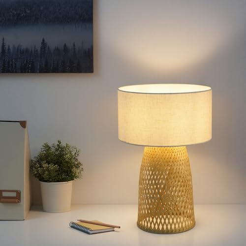 Image of Boho Bamboo Table Lamp, Handwoven Bedside Lamp with Linen Shade, Small Natural Weave Nightstand Light for Living Room, Tea Room, Desk,Beige