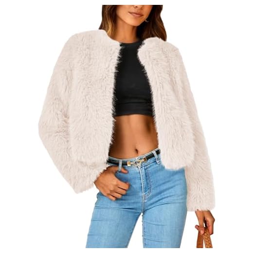 PRETTYGARDEN Women's 2023 Winter Coats Fleece Cropped Jacket Faux Fur Long Sleeve Pockets Shaggy Warm Outerwear Fall Clothes (Apricot,Large)